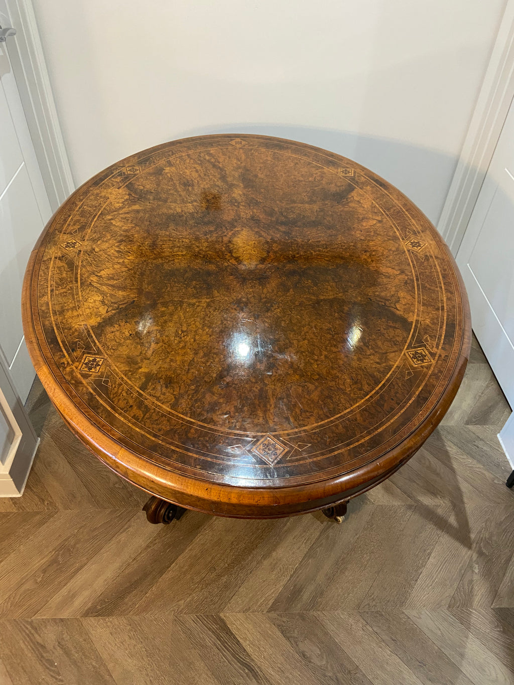 Antique Victorian Loo Table | Burr Walnut with Marquetry Inlay & Tilting Top