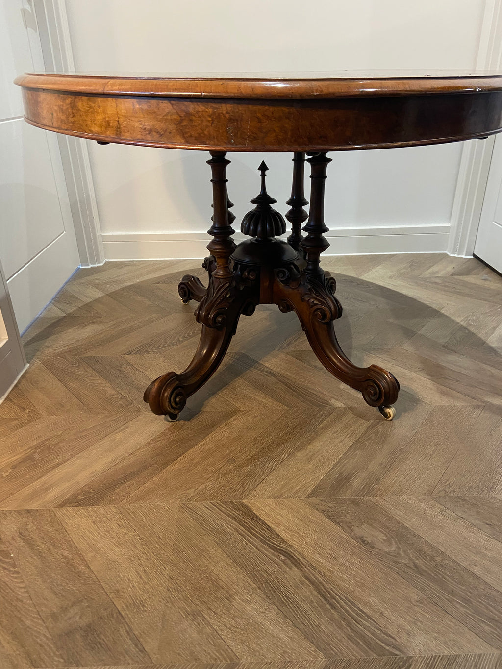 Antique Victorian Loo Table | Burr Walnut with Marquetry Inlay & Tilting Top