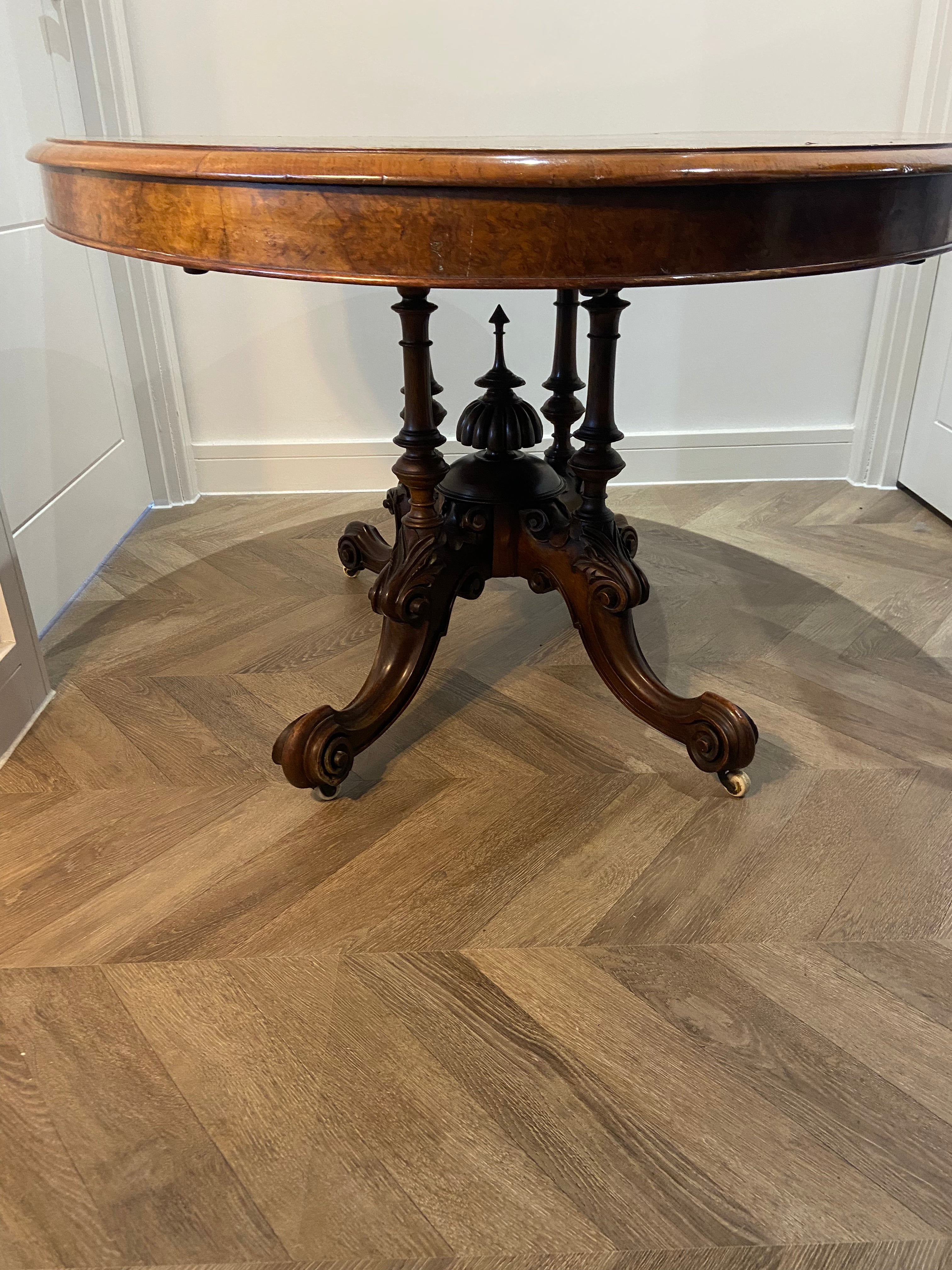 Antique Victorian Loo Table | Burr Walnut with Marquetry Inlay & Tilting Top