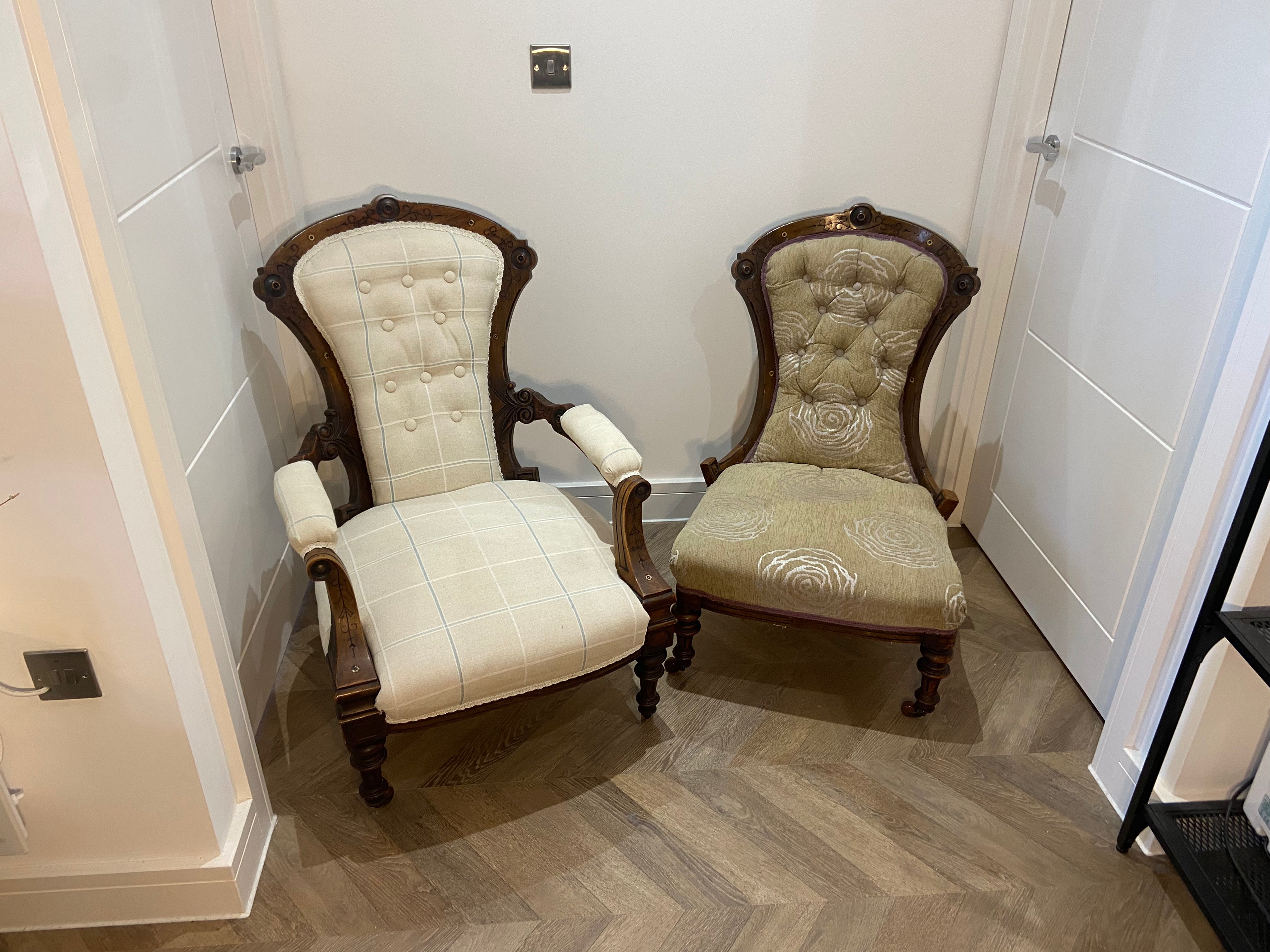 Early Victorian Gentleman's & Ladies Armchairs — Matched Pair, c.1850