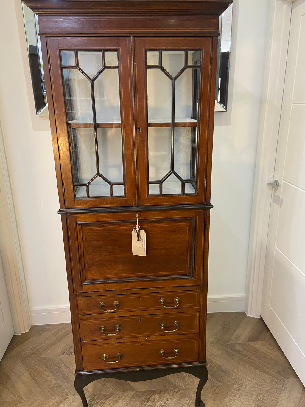 Edwardian Display Cabinet with Drop-Leaf Writing Surface, Pigeon Holes & Drawers