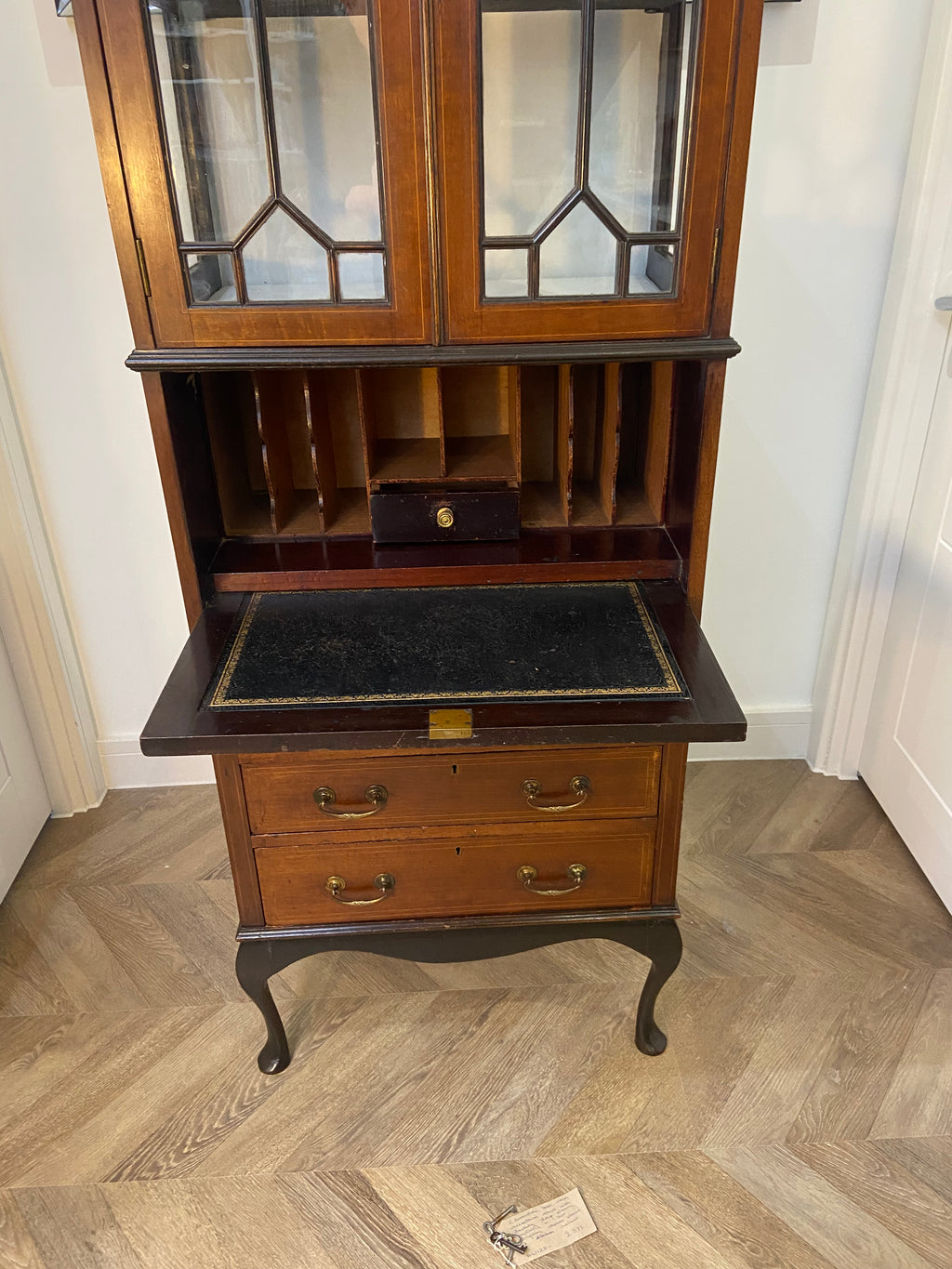 Edwardian Display Cabinet with Drop-Leaf Writing Surface, Pigeon Holes & Drawers