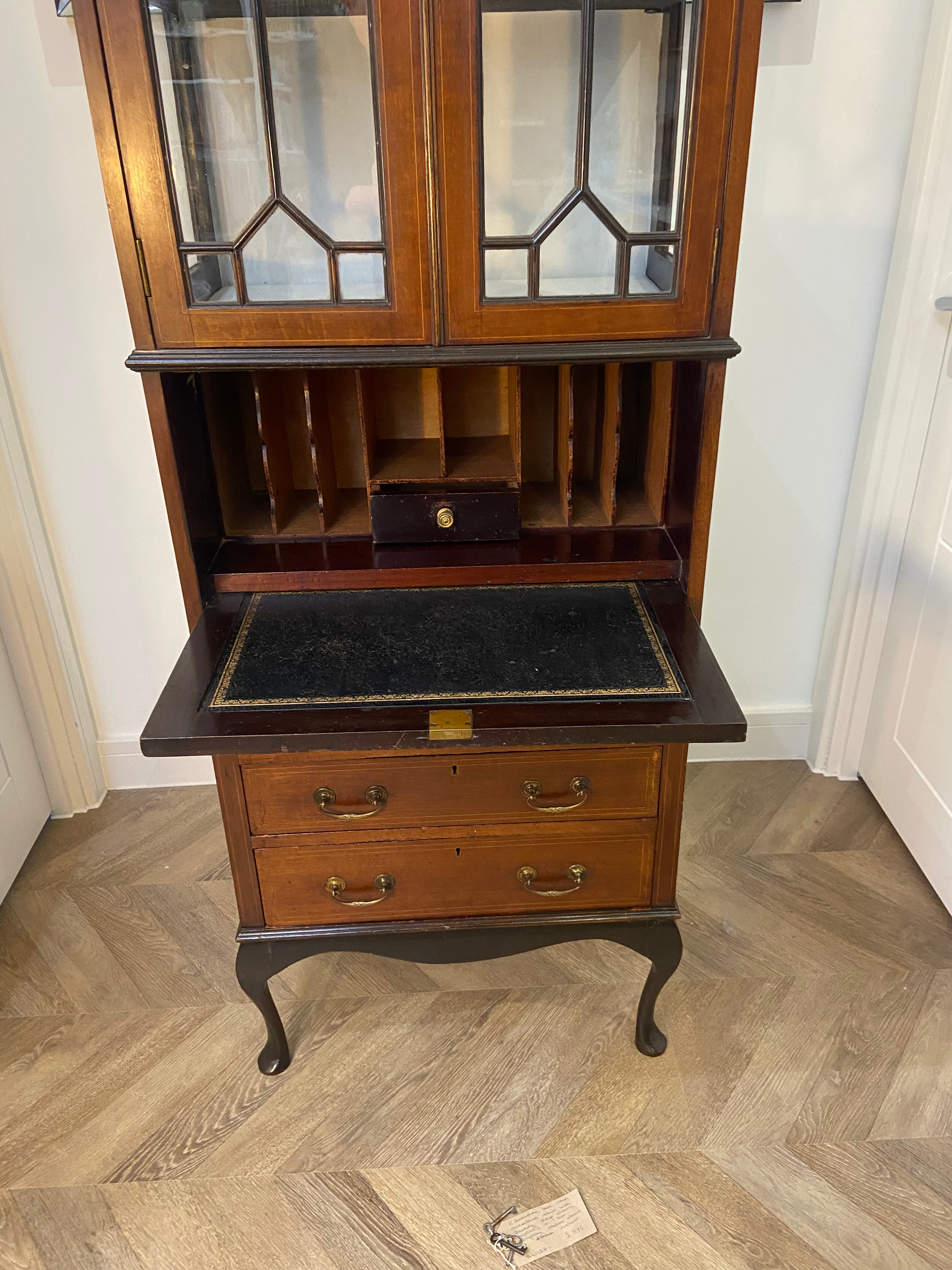 Edwardian Display Cabinet with Drop-Leaf Writing Surface, Pigeon Holes & Drawers