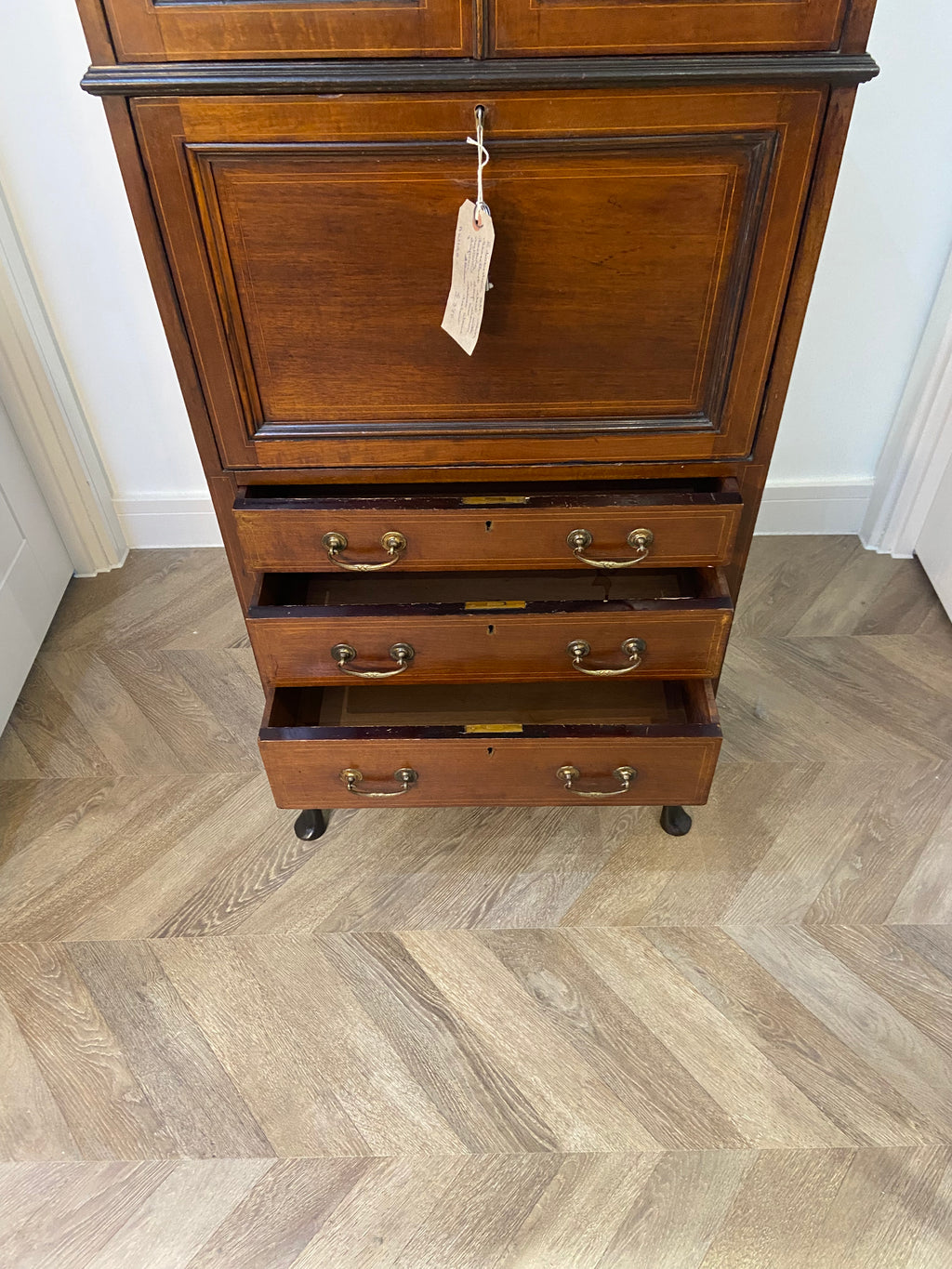 Edwardian Display Cabinet with Drop-Leaf Writing Surface, Pigeon Holes & Drawers