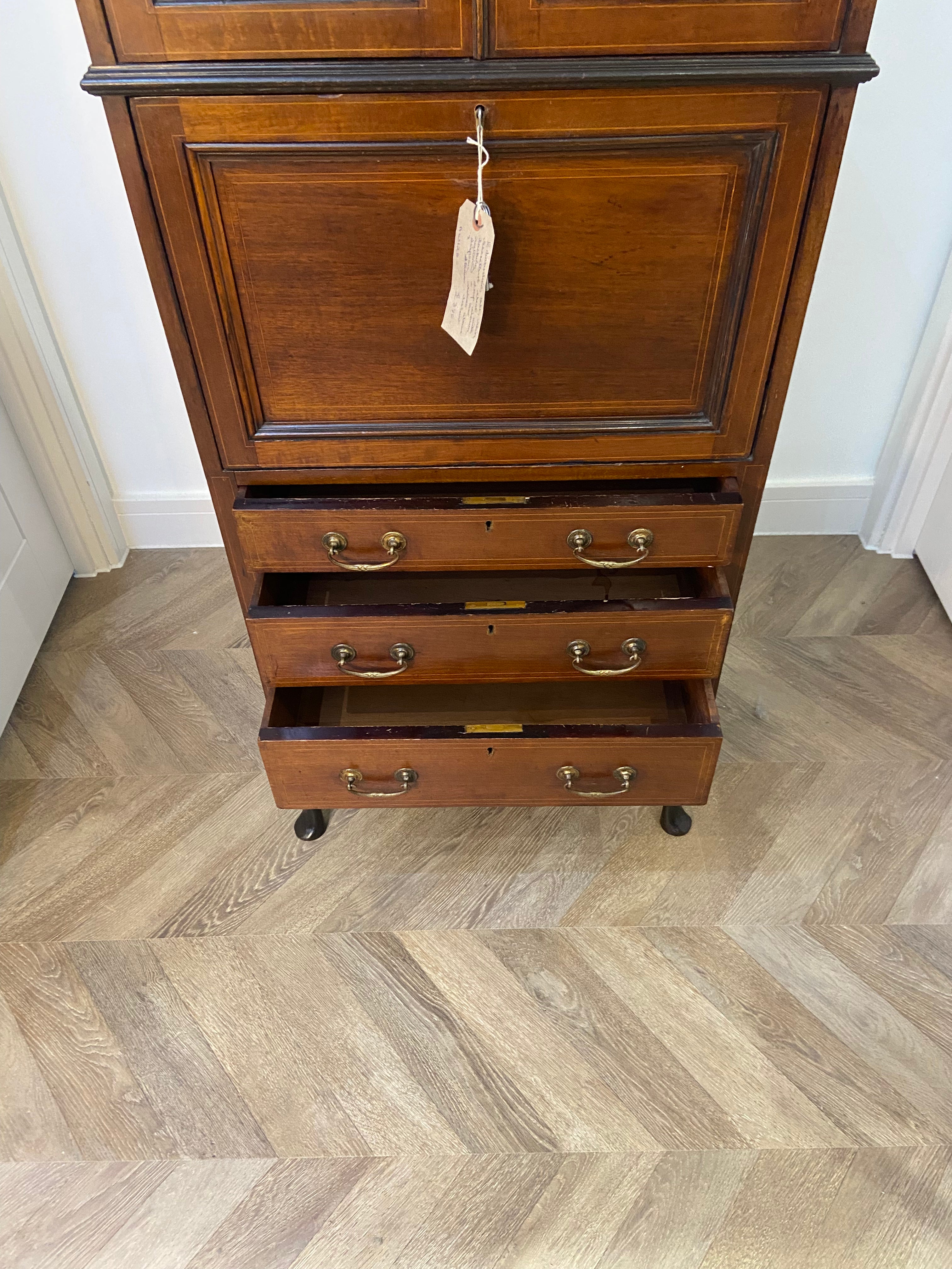 Edwardian Display Cabinet with Drop-Leaf Writing Surface, Pigeon Holes & Drawers