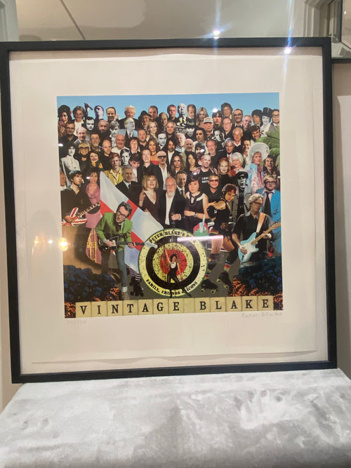 Framed artwork with a collage of people and 'Vintage Blake' branding.